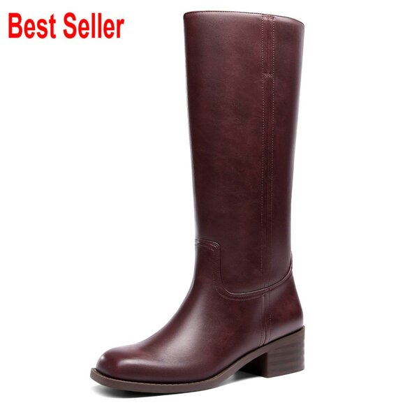 Faux Leather Knee High Boots Square Toe Chunky Block Heel Pull On